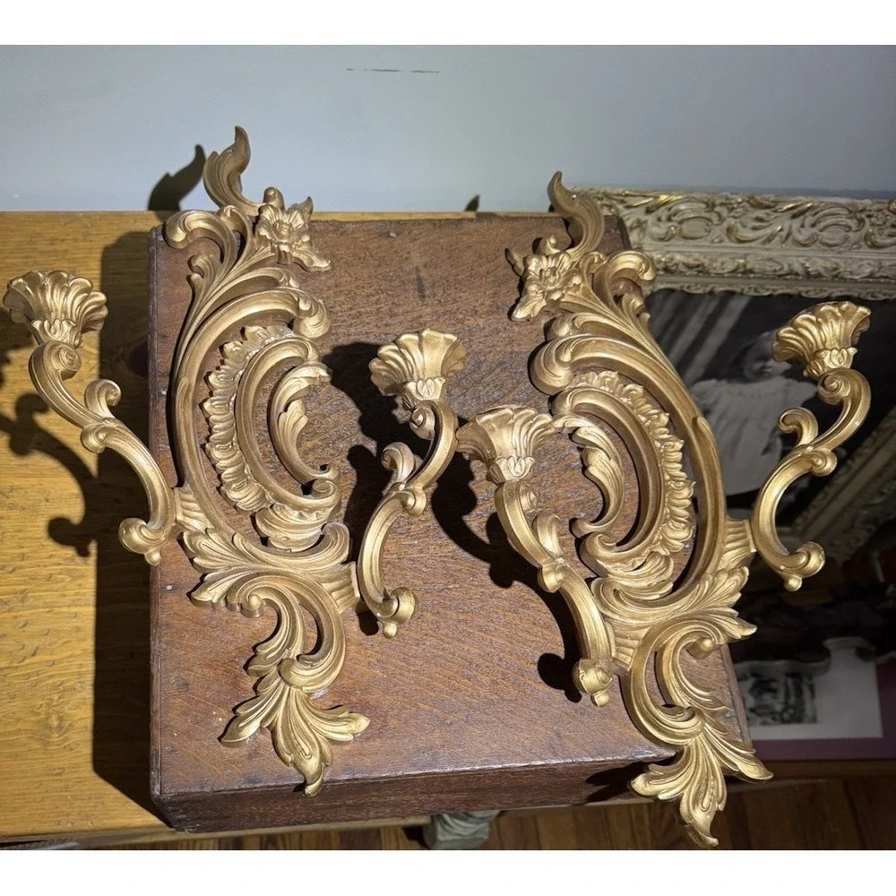 Vtg  1960 Syroco Hollywood Regency Gold Wall Sconces Double Candle Holders Pair
